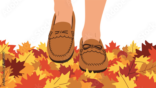 A cozy autumn stroll with moccasins through vibrant colorful leaves for seasonal lifestyle content and fall fashion inspiration