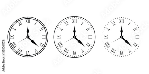 Classic Clock Face with Roman Numerals and Ornate outline icon. Black and white clock icons, wall clocks, roman numeral styles, analog and digital timepieces. vector illustration.