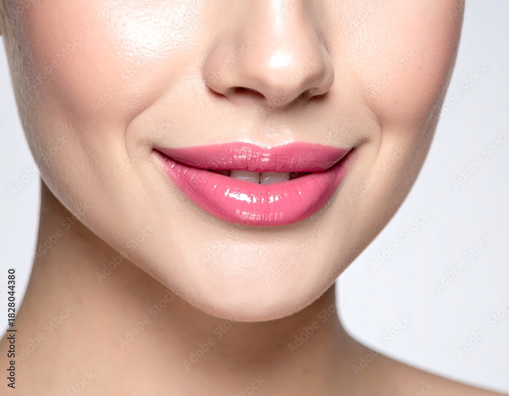 Fototapeta premium Close-up of a smiling woman's face, focusing on her pink, glossy lips and smooth, clear skin in front of a grey background