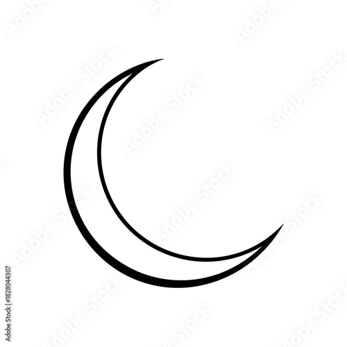 Illustration of a crescent moon in black outline on transparent background silhouette