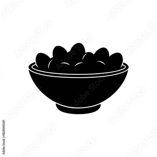 Black bowl filled with small round objects inside on transparent background silhouette