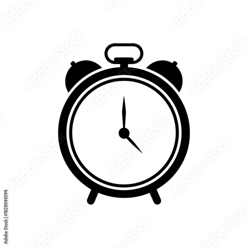 Illustration of a classic black alarm clock icon on transparent background silhouette