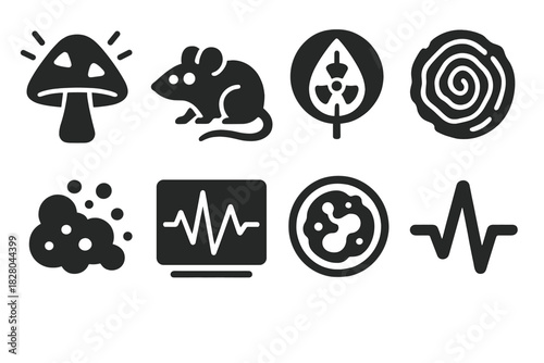 Radioactive Flora and Fauna. Solid style icons of radioactive flora and fauna: glowing mushroom glyph, three-eyed rat icon, leaf
