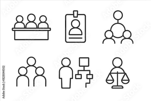 Ethics Committee Icons. Line style icons of ethics committee structure: committee table icon, chairperson badge, decision group