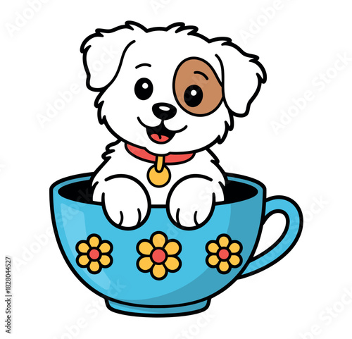 A cute, happy puppy with a collar and bell sits inside a blue teacup adorned with floral patterns.