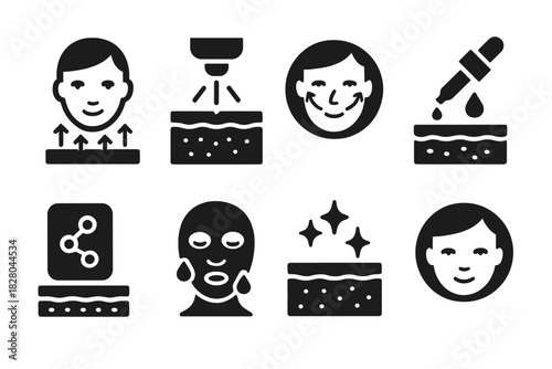 Skin Rejuvenation Icons. Solid style icons of skin rejuvenation methods: collagen booster icon, dermal laser symbol, wrinkle
