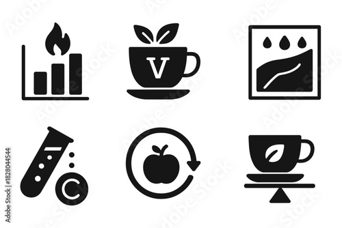 Nutritional Tea Icons. Solid style icons of nutritional science in tea: calorie graph, vitamin tea badge, sugar-to-fiber ratio.