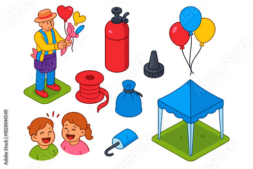 Park Balloon Festivities. Isometric vector illustration set Park activities – balloon artist, helium tank, latex balloons; ribbon