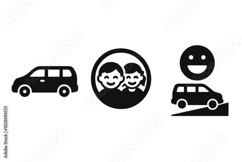 Family Fun Day. Solid style icons of family fun rides: minivan glyph, kids smiling icon, day trip badge. Family car ring, travel