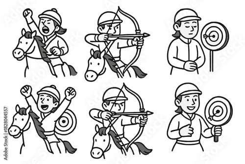Horseback Archery Icons. Line style icons of horseback archery emotions: victory yell mid-ride, focused gaze with bow, calm breath