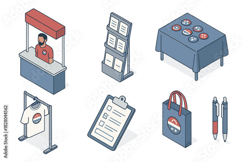 Civic Engagement Fair. Isometric vector illustration set Voting and elections – civic engagement fair: info booth, flyer rack,