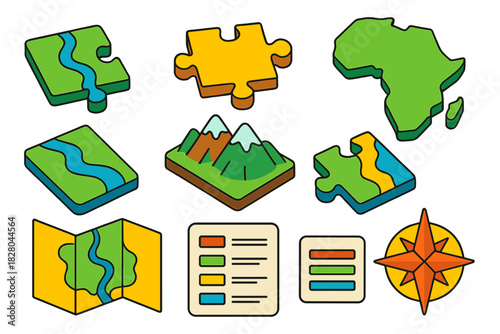 Colorful Map Fragments. Isometric vector illustration set Puzzle pieces – map fragment, country shape, continent outline; river