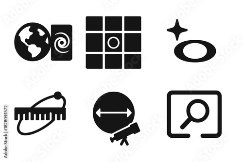 Cosmic Scale Icons. Solid style icons of cosmic scale indicators: Earth vs black hole size slab, event horizon comparison grid,