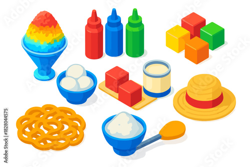Colorful Dessert Icons. Isometric vector illustration set Ice cream and desserts – shaved ice cone, syrup bottles, fruit cubes;