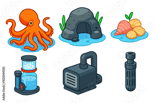 Vibrant Octopus Habitat. Isometric vector illustration set Aquarium life – octopus habitat, rock den, shell pile; long arm,