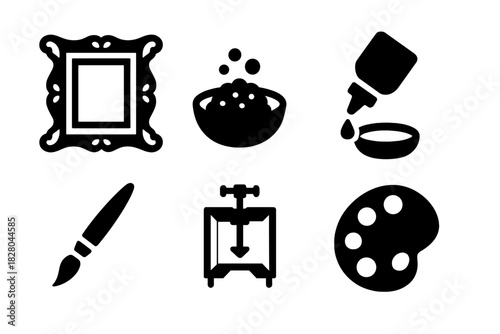 Antique Restoration Icons. Line style icons of Antique Restoration: gilded frame, gold powder, adhesive mix, miniature brush,