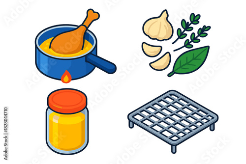 Isometric Cooking Techniques. Isometric vector illustration set Cooking techniques – confit duck leg, oil bath, low flame; garlic
