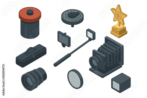 Photography Equipment Icons. Isometric vector illustration set of Camera and Photography: film developing tank, contrast control
