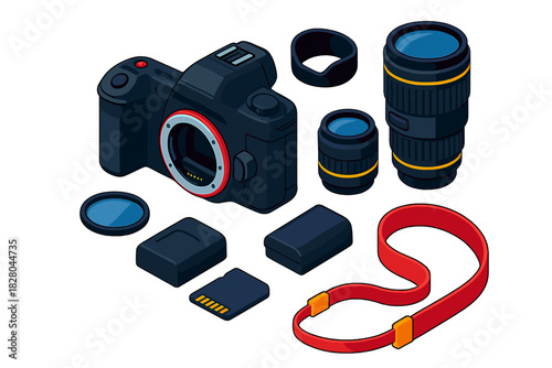 Photography Gear Icons. Isometric vector illustration set Film and photography – DSLR camera body, zoom lens, prime lens; lens