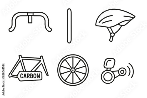 Road Bike Icons. Line style icons of road bike features: drop handlebars, narrow tires, aerodynamic helmet, carbon frame icon,