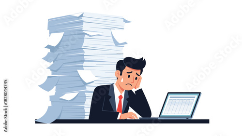 Stressed businessman overwhelmed by paperwork and deadlines in modern office, feeling pressure to complete tasks on time, work overload concept