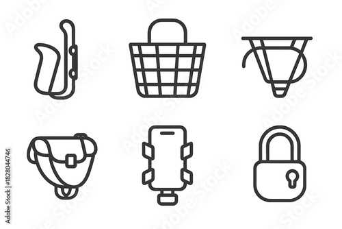 Bicycle Accessories Icons. Line style icons of bicycle accessories: water bottle holder, front basket, rear rack, saddle bag,