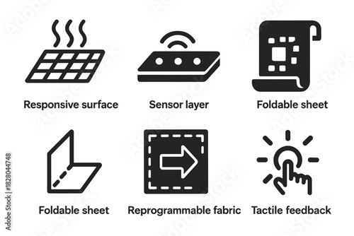 Programmable Matter Icons. Line style icons of Programmable Matter: responsive surface icon, ambient sensor layer, digital