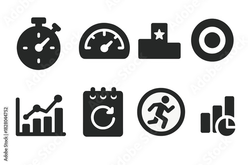 Ride Timing Icons. Solid style icons of ride timing and records: stopwatch glyph, speed meter icon, leaderboard badge. Record ring