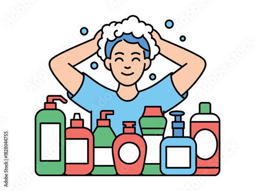 A person joyfully washing their hair surrounded by various shampoo and conditioner bottles, emphasizing personal care routines.