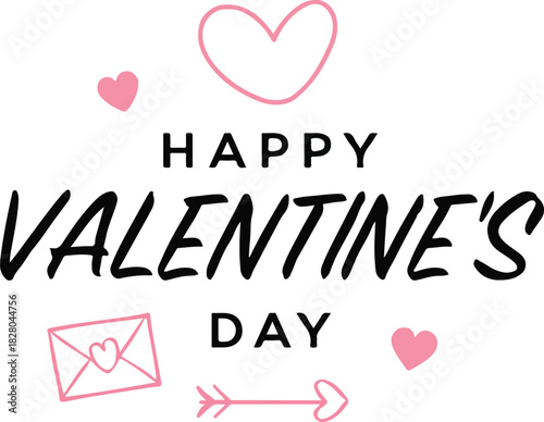 Happy Valentine’s Day Minimal black Typography Design with Heart Line Art and Pink Love Elements on a white back graound