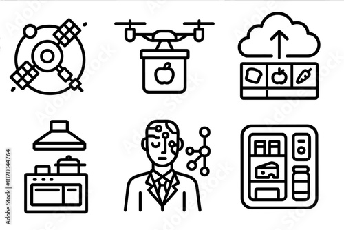 Next-Gen Food Supply Icons. Line style icons of next-gen food supply chains: orbital supply station, drone resupply pod, smart