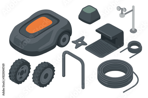 Robotics and AI Set. Isometric vector illustration set Robotics and AI – Robotic lawn mower: mower body, grass detection sensor,