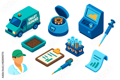Smart Farming Innovation. Isometric vector illustration set Smart farming – mobile soil lab van, centrifuge, analyzer console;