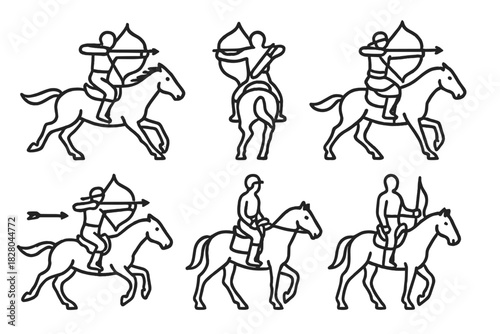 Horseback Archery Icons. Line style icons of horseback archery: archer on galloping horse, bow drawn mid-ride, rear shot stance,