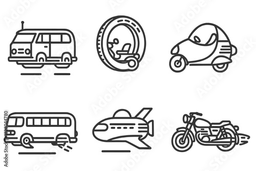 Retro-Futuristic Transport Icons. Line style icons of retro-futuristic transportation mods: hover van with antenna, magnetic