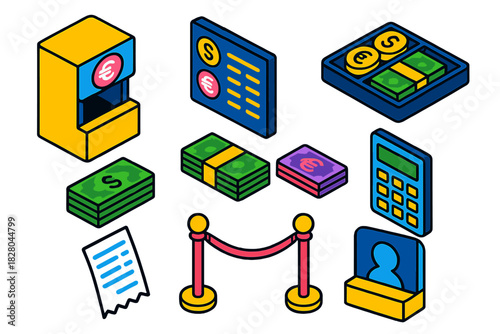 Currency Exchange Illustration. Isometric vector illustration set Currency and coins – currency exchange kiosk, rate board, cash