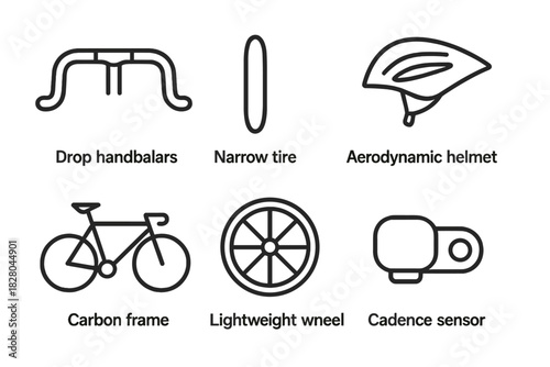 Road Bike Icons. Line style icons of road bike features: drop handlebars, narrow tires, aerodynamic helmet, carbon frame icon,