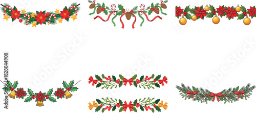 Collection of six festive christmas floral borders isolated on transparent background, perfect for adding a touch of holiday cheer