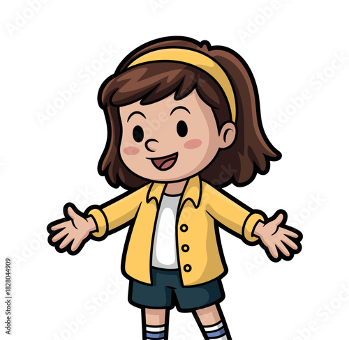 A happy young girl with brown hair and a yellow headband stands with her arms open wide, invitingly smiling at the viewer.
