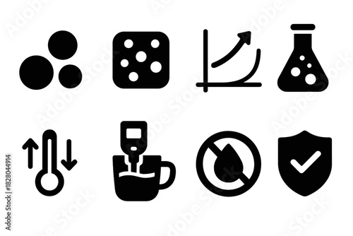 Tea Science Icons. Solid style icons of food science concepts in tea: emulsification bubble, foam stability structure, sugar