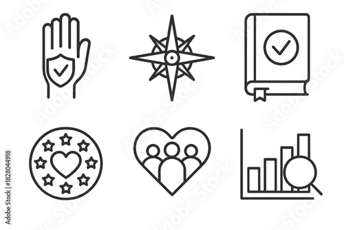 Ethics Icon Collection. Line style icons of organizational ethics: integrity icon, ethical compass symbol, compliance handbook,