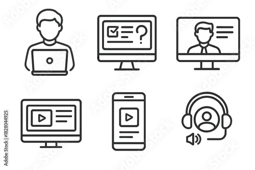 Distance Learning Icons. Line style icons of OER for distance learning: student on laptop, remote quiz icon, video conference