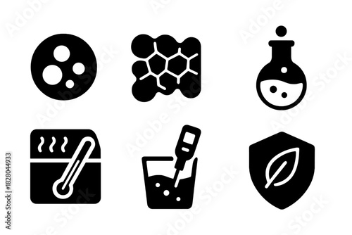 Tea Science Icons. Solid style icons of food science concepts in tea: emulsification bubble, foam stability structure, sugar
