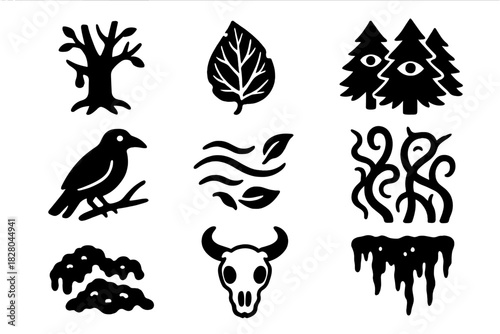 Ecological Horror Icons. Solid style icons of ecological horror: bleeding trees, skeletal leaves, forest eyes. Watching crows,