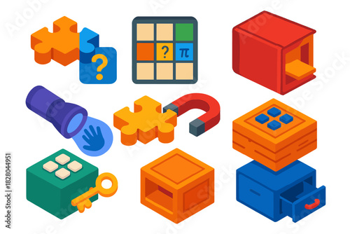 Escape Room Puzzle. Isometric vector illustration set Puzzle pieces – escape room puzzle, clue piece, cipher tile; hidden