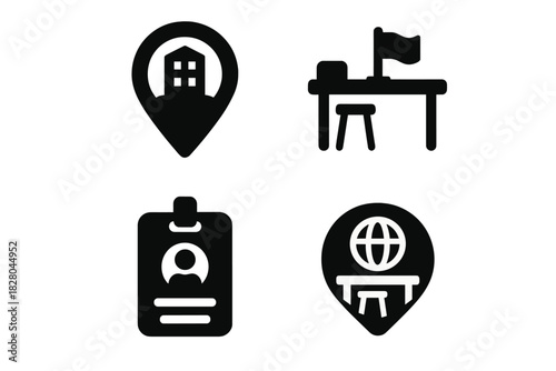 Co-Work Visa Icons. Solid style icons of co-working visa hubs: office map marker icon, shared desk with flag, community space with