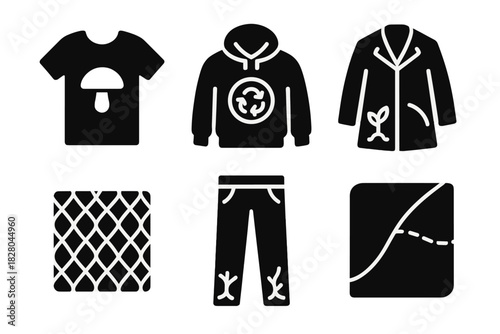 Eco-Friendly Fashion Icons. Solid style icons of eco-conscious fungus outfits: biodegradable shirt icon, compostable hoodie badge,