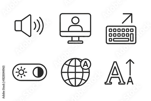 Virtual Lab Tool Icons. Line style icons of virtual lab accessibility tools: text-to-speech icon, screen reader compatibility,