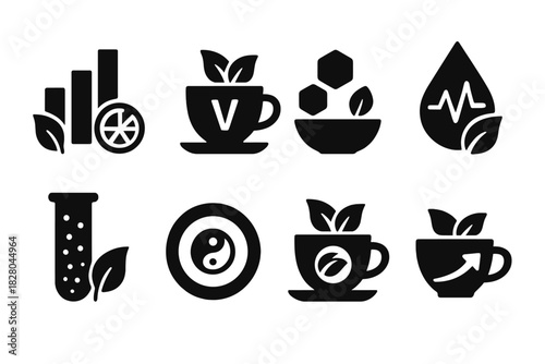 Nutritional Tea Icons. Solid style icons of nutritional science in tea: calorie graph, vitamin tea badge, sugar-to-fiber ratio.