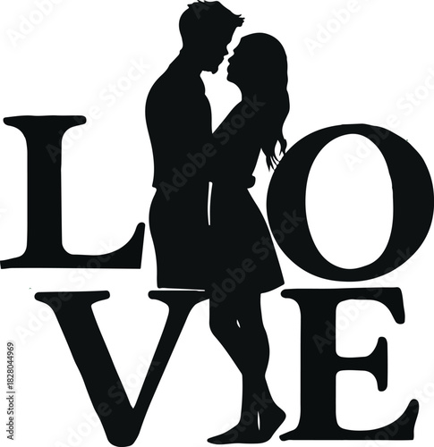 Romantic couple silhouette amidst LOVE typography.